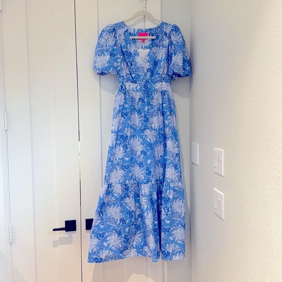 Lilly Pulitzer Ezralyn Short Sleeve Cotton Maxi Dress Boca Blue Croc - Picture 4 of 7